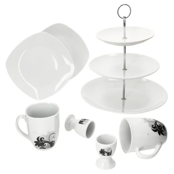 Null 7tlg. Etageren Frühstück Lilli Black Flower – 1x 24302284, 2x Eierbecher BF, 2x Becher BF & 2x Kuchenteller Lilli 1