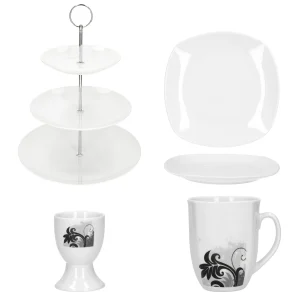 Null 7tlg. Etageren Frühstück Lilli Black Flower – 1x 24302284, 2x Eierbecher BF, 2x Becher BF & 2x Kuchenteller Lilli 19
