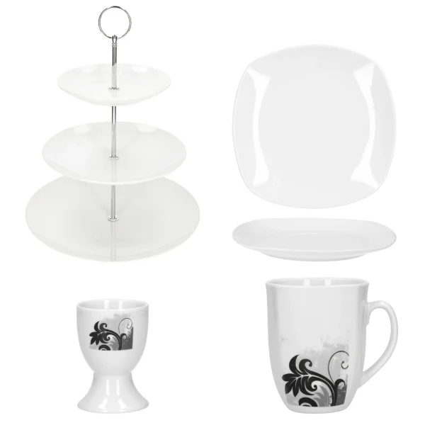 Null 7tlg. Etageren Frühstück Lilli Black Flower – 1x 24302284, 2x Eierbecher BF, 2x Becher BF & 2x Kuchenteller Lilli 7